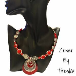 Zevar by Treska Red Silver Statement Pendant Beaded Choker Necklace Boho Art
